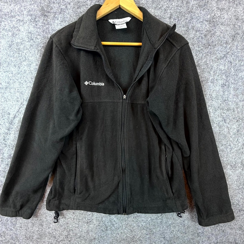 Columbia Fleece Jacket Mens Small Black Soft Warm Drawcord Hem Logo Full Zip